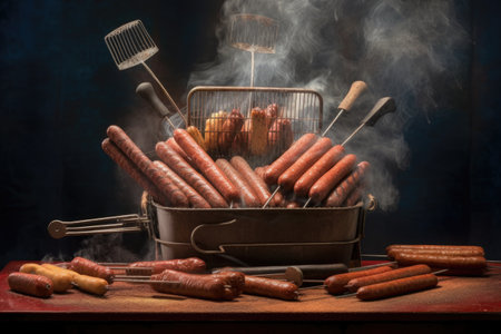 bbq tools flipping sausages on a hot grill, created with generative aiの素材