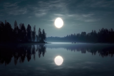 moon halo over a tranquil lake reflecting moonlight, created with generative aiの素材