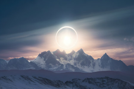 moon halo illuminating snowy mountain peaks, created with generative aiの素材