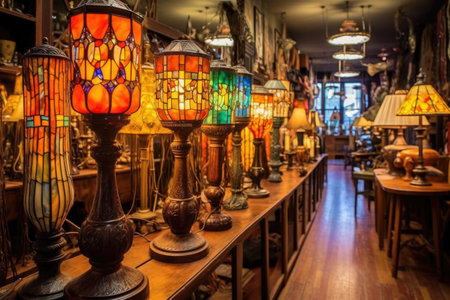 vintage stained glass lamps in an antique store, created with generative aiの素材
