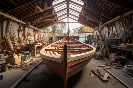 wooden boat under construction in a boatbuilders workshop, created with generative aiの素材