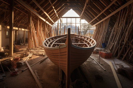 wooden boat under construction in boatyard, created with generative aiの素材