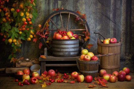 vintage apple press with colorful autumn leaves around it, created with generative aiの素材