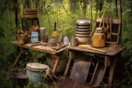 beekeepers tools near wild beehive in nature, created with generative aiの素材