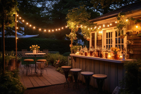 garden party setup with amaretto cocktails and string lights, created with generative aiの素材
