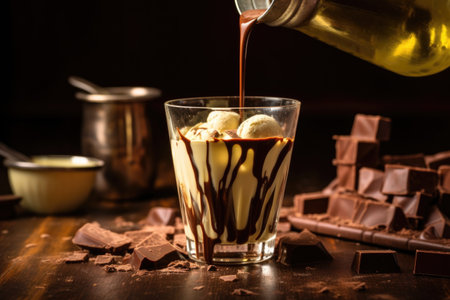 pouring irish whiskey into a mixture of cream and chocolate, created with generative aiの素材