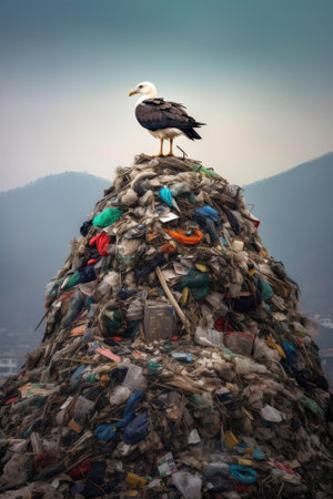 a seagull perched on top of a mountain of trash, created with generative aiの素材