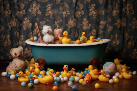 baby bathtub surrounded by rubber ducks and toys, created with generative aiの素材
