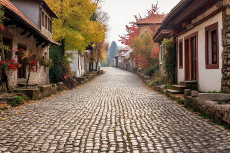 cobblestone street leading to a quaint village square, created with generative aiの素材