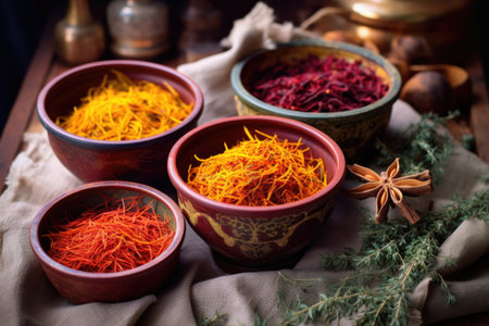 turmeric, paprika, and saffron threads in bowls, created with generative aiの素材