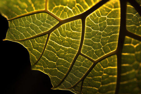 branching veins of a leaf illuminated by sunlight, macro shot, created with generative aiの素材