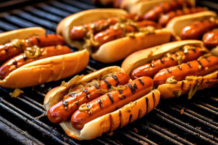 close-up of vegan hot dogs with grill marks, created with generative aiの素材