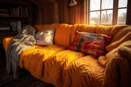 close-up of a cozy knit blanket on a cabin sofa, created with generative aiの素材