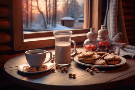 cozy reading nook with a view of the snowy landscape, created with generative aiの素材