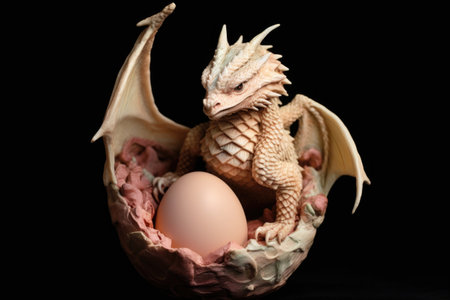 dragon hatchling peeking out of an eggshell, created with generative aiの素材