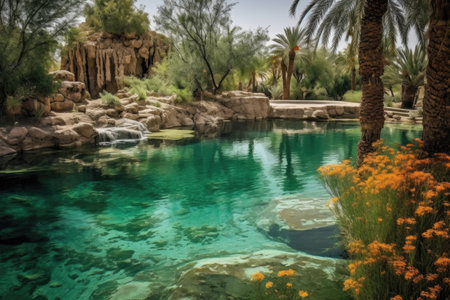 desert oasis with crystal-clear water and lush vegetation, created with generative aiの素材