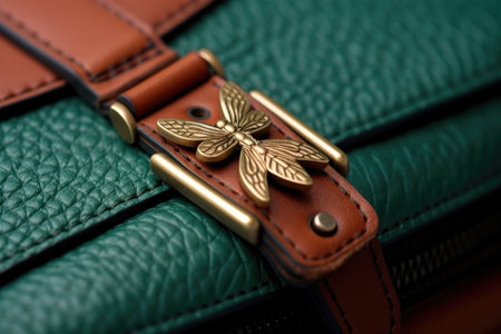 detail of a leather bags clasp and embossed logo, created with generative aiの素材