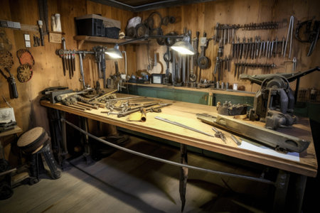bike handlebars, brakes and cables on workbench, created with generative aiの素材
