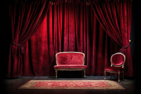 red velvet curtains on a dark, empty stage, created with generative aiの素材