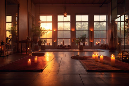 softly lit empty yoga studio with candles and incense, created with generative aiの素材