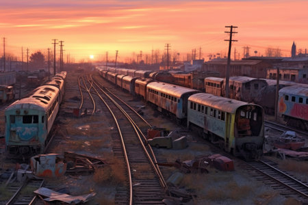 panoramic view of a sprawling train graveyard at dusk, created with generative aiの素材