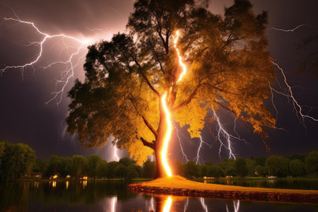 lightning bolt striking a tree during a storm, created with generative aiの素材