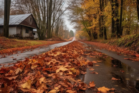 fallen leaves on a rain-soaked country road, created with generative aiの素材