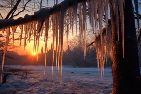 icicles hanging from a tree branch at dawn, created with generative aiの素材