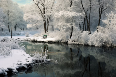 fresh snow on a park bench and frozen pond, created with generative aiの素材