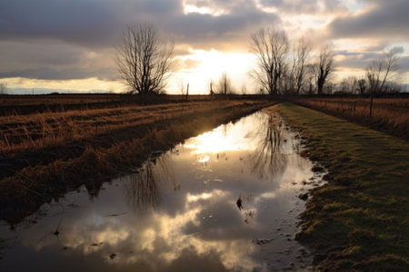 reflection of stormy sky in a waterlogged field, created with generative aiの素材
