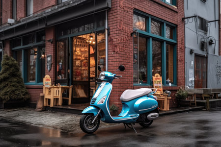 food delivery scooter parked outside a building, created with generative aiの素材