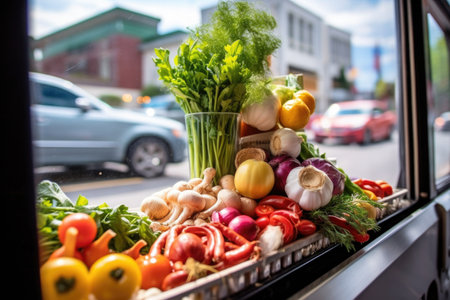 close-up of food truck serving window with fresh ingredients, created with generative aiの素材