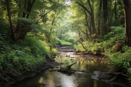 rejuvenated creek through recovering forest, created with generative aiの素材