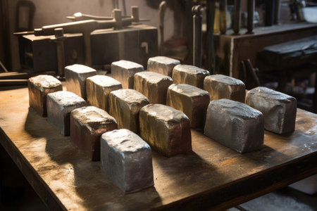 a row of metal ingots ready for melting and casting, created with generative aiの素材