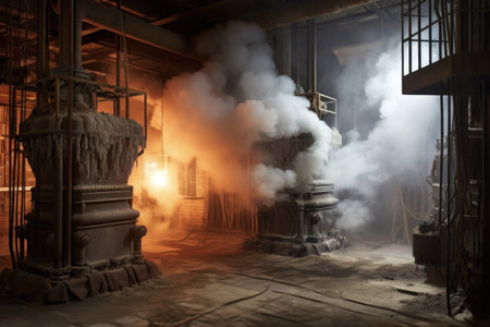smoke and steam rising from cooling metal castings, created with generative aiの素材