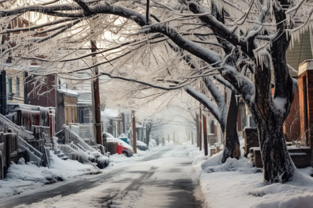 icy branches hanging over a snowy street, created with generative aiの素材