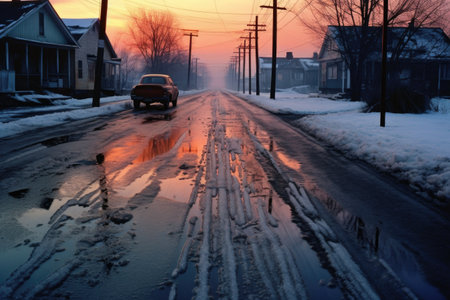 skid marks on a slippery, ice-covered road, created with generative aiの素材