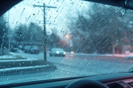 frozen rain droplets clinging to car windshield wipers, created with generative aiの素材