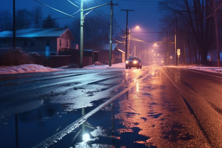ice-covered street with skid marks from tires, created with generative aiの素材