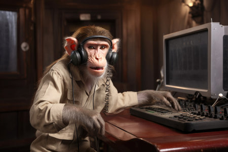 monkey with headphones working as a radio host, created with generative aiの素材