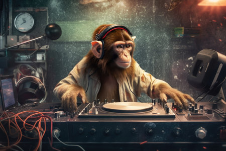 monkey dj mixing music with headphones and turntable, created with generative aiの素材
