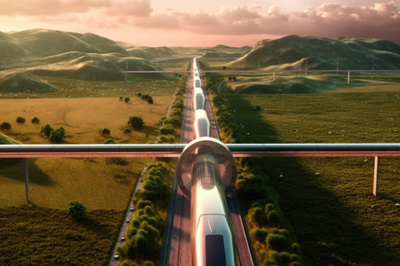 aerial view of a hyperloop train speeding through the landscape, created with generative aiの素材