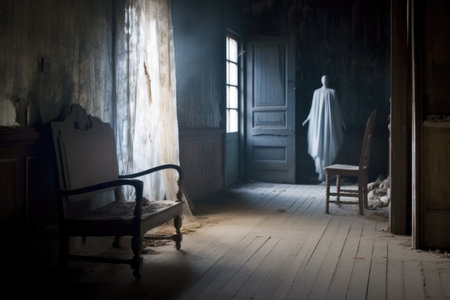 ghostly footsteps leading to a locked door, created with generative aiの素材