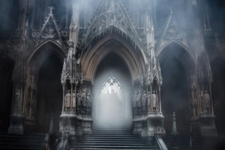 creepy ghostly fog swirling around a gothic entrance, created with generative aiの素材