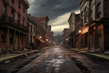 ruined main street under a moody sky, created with generative aiの素材