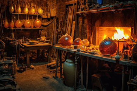 glassblowing tools and molten glass on a furnace, created with generative aiの素材