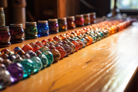 glass beads lined up on a workbench, created with generative aiの素材