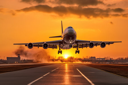 air cargo plane taking off at sunrise, created with generative aiの素材