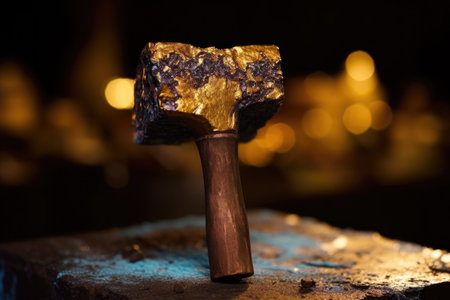 hammer and gold foil on a blacksmiths anvil, created with generative aiの素材