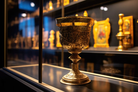 golden cup on a glass shelf in a museum display, created with generative aiの素材